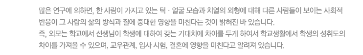 많은 연구에 의하면, 한 사람이 가지고 있는 턱ㆍ얼굴 모습과 치열의 외형에 대해 다른 사람들이 보이는 사회적 반응이 그 사람의 삶의 방식과 질에 중대한 영향을 미친다는 것이 밝혀진 바 있습니다.
즉, 외모는 학교에서 선생님이 학생에 대하여 갖는 기대치에 차이를 두게 하여서 학교생활에서 학생의 성취도의 차이를 가져올 수 있으며, 교우관계, 입사 시험, 결혼에 영향을 미친다고 알려져 있습니다. 